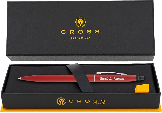 Cross Click Engraved Ballpoint Pen, Crimson Red with Chrome Trim, Silver Engraving on Cap, Slender Barrel, Gift for Graduation, Career Advancement, Bar Mitzvah, Birthday, Cross Gift Box