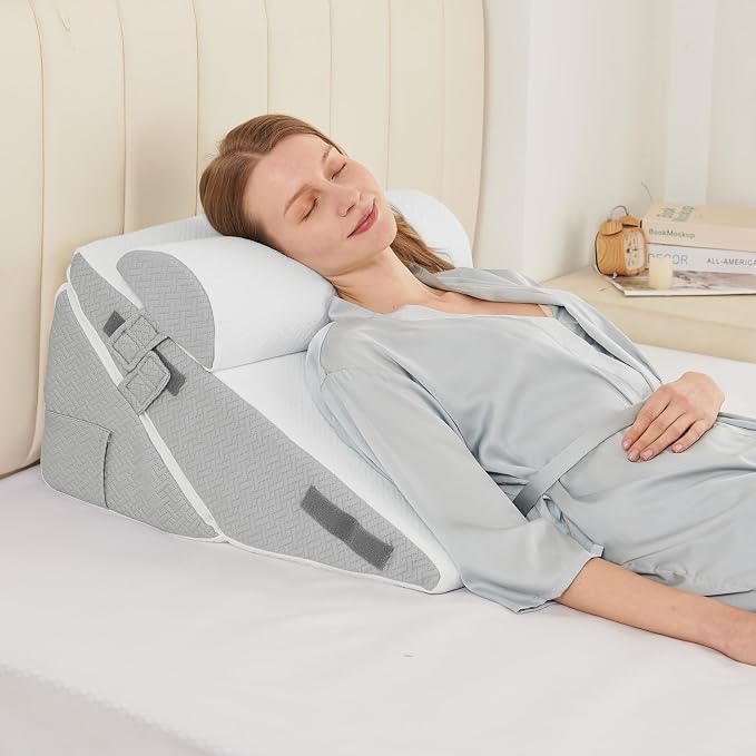 Sasttie Adjustable Wedge Pillow Set for After Surgery, Light Grey & White | Bed Wedge Pillow Headboard with Memory Foam Neck Cushion, for Acid Reflux, Sleeping, Neck & Back Support
