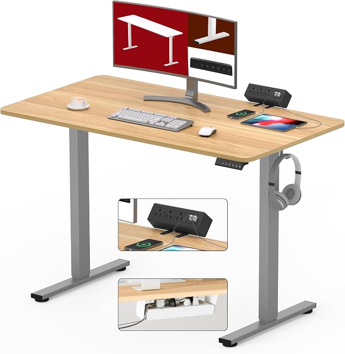 SANODESK Electric Standing Desk with Desk Clamp Power Strip 40"x 24" Whole-Piece Desktop Height Adjustable Stand Up Desk with Cable Management Sit Stand Home Office Desk Silver Frame/Maple Top