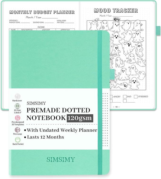 Premade Bullet Dotted Journal Notebook, Pre-made Dot Grid Journaling with Undated Weekly & Monthly Planner - 12 Month Organization for Habit / Mood / Meals / Sleep / Exercise Trackers,