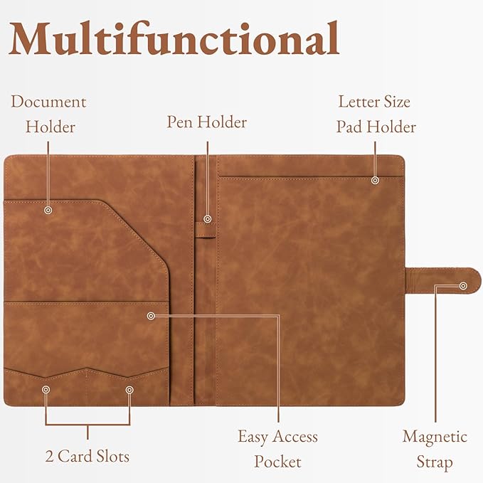 Mymazn Padfolio Portfolio Binder, Faux Leather Interview Resume Folder with Document Organizer & Business Card Holder, Letter-Sized Notepad Legal Pad Holder for Women Men (Brown)