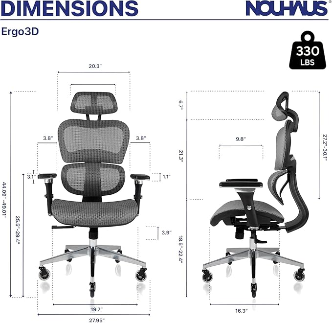 Nouhaus Ergo3D Ergonomic Office Chair Grey | Dynamic Lumbar Support, Mesh High Back, 4D Armrests, Adjustable Headrest, Aluminum Base, BIFMA, SGS, 2 Sets of Wheels