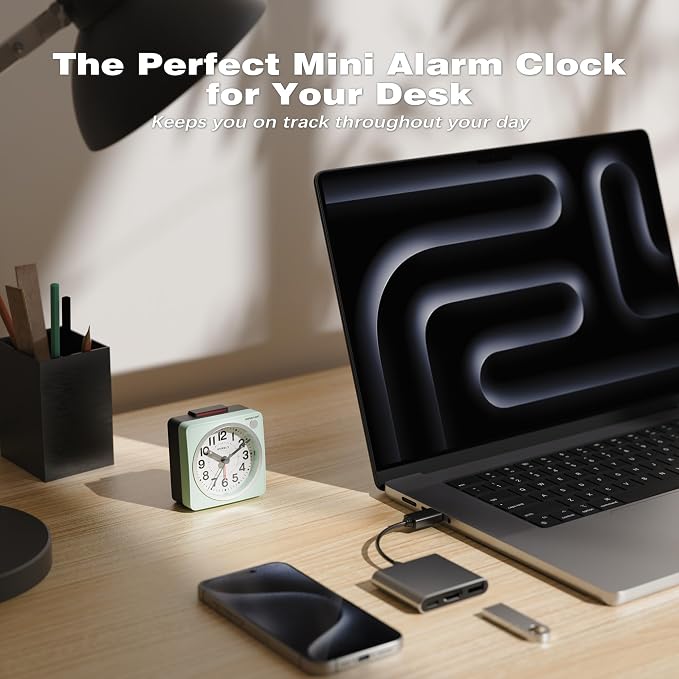 AYRELY® 2.6" × 1.4" Ultra Small Battery Operated Analog Travel Alarm Clock | Silent Non-Ticking Retro Bedside Table Clock with Snooze, Light and Easy Top Alarm Switch for Travel and Bedrooms (Sky Blue)