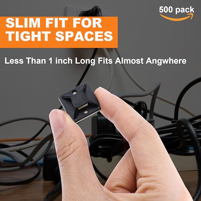 500 Pack 3/4" Zip Tie Adhesive Mounts Self Adhesive Cable Tie Base Holders with Multi-Purpose Tie wire clips with screw hole,Anchor stick on wire holder, Including 100 Pack Clips（Black）