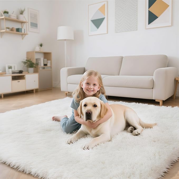 yongyangjuxin Fluffy Rug Shag Area Rug, White 6x9 Area Rugs for Living Room, Large Shag Area Rugs for Bedroom Room Home Decor, Upgrade Anti-Skid Rectangular Fuzzy Rugs
