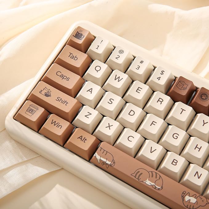 YUNZII Coffee Cat Dye Sub PBT Keycaps,152 Full Keys Dye Sublimation Custom Keycap Set with Key Puller for Cherry Gateron MX Switches Mechanical Gaming Keyboard (Cherry Profile, Coffee Cat)