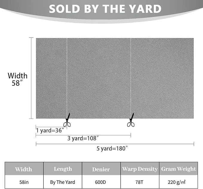 Waterproof Canvas Fabric by The Yard 58inch 600D Upholstery Material Polyester Fabric Outdoor Water Resistant Fabric for Sewing Chair Patio Cushion Purse Bag Interior, Pre Cut 2 Yard Silver Grey