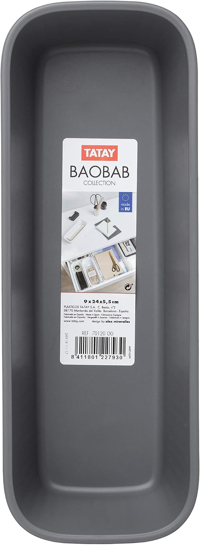 TATAY Storage Basket Baobab Drawer Organisation Elegant Functional Design | Storage Basket Household | Dimensions 9x24x5.6 cm | BPA-Free Material | Home and Office Organisation, Grey