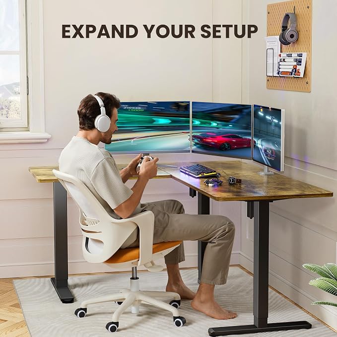 ErGear 63″ L Shaped Standing Desk Electric Adjustable Height, Vintage Brown | Left & Right Interchangeable Installation, 4 Memory Presets, One-Touch Control, Stable Steel Frame, 220 lbs Capacity