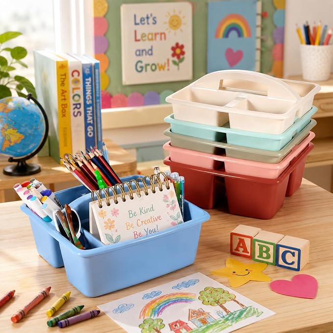 gisgfim 12 Pack Classroom Caddy with Handle Plastic Storage Caddy Organizer with 3 Compartments Desk Caddies Holder Portable Storage Bin for Pencil, Crayon, Marker, Home, Office, School Supply(Retro)