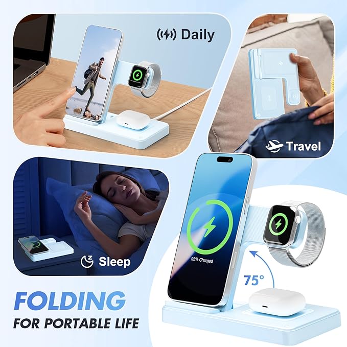 Wireless Charging Station for Apple Devices: 3 in 1 Foldable Qi Compact Case-Friendly Charger Stand for iPhone 17-12 & Apple Watch & AirPods Charging Dock for Travel Home Office Desk Nightstand (Blue)