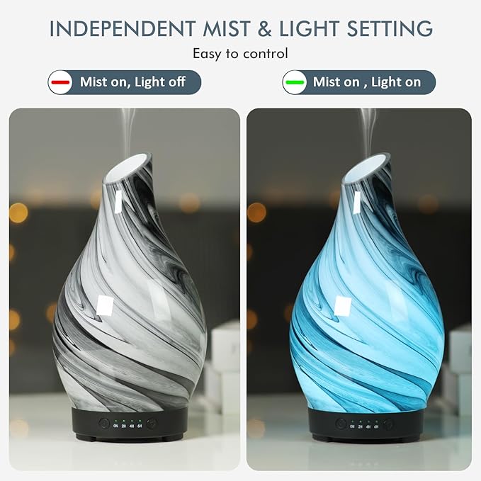Essential Oil Diffuser Aromatherapy Diffuser - Art Glass Oil Diffuser with Auto Shut-Off Protection 4 Timer Setting 7 Colors Changed LED Night Light for Home Office Decor Gift (Grey Diffuser)