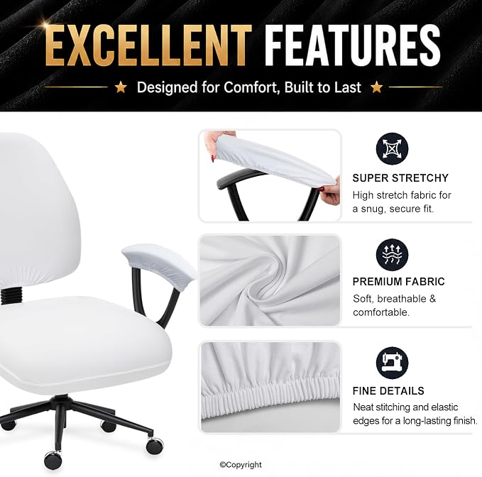 Stretchable Separate Office Chair Seat Covers with Armrest Covers - Universal Stretch Computer Chair Slipcover - Washable Rotating Backrest Coverings & Cushion Protectors for Dogs, Cats, Pets, White