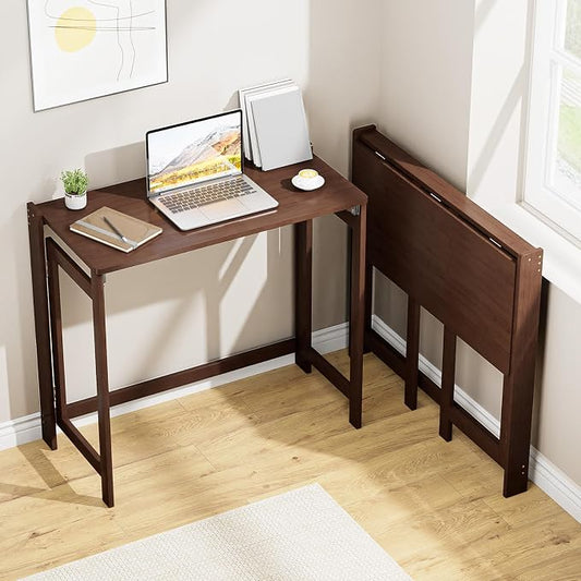 Bamboo Folding Desk 32.68 Inch, Small Foldable Desk for Small Spaces, Writing Desk Computer Table for Bedroom Home Office, Space Saving Foldable Desk, Easy Assembly, Brown