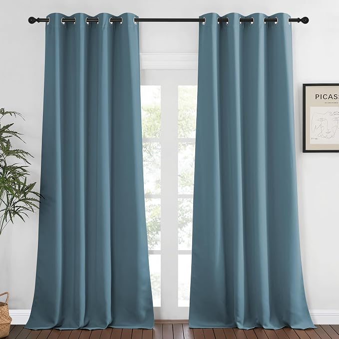 NICETOWN Blackout Room Darkening Window Curtain - Thermal Insulated Solid Grommet Blackout Patio Door Curtain/Drape for Living Room (Smoky Blue, 1 Panel, 52 by 95-inch)