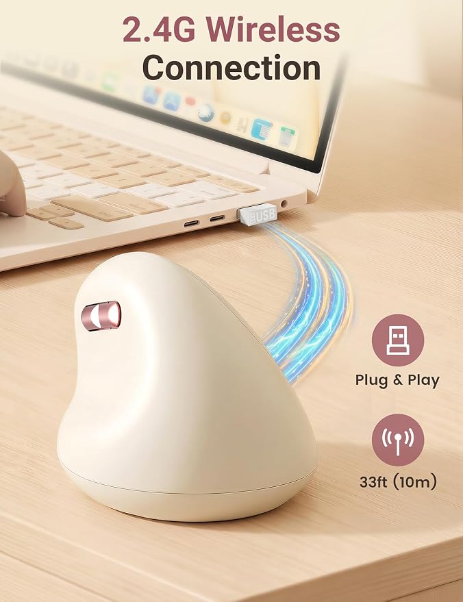Ergonomic Vertical Wireless Mouse, 57°, Small/Medium Hands, Beige | Rechargeable, Quiet Click, 800/1200/1600 DPI, 2.4GHz USB Receiver, Forward/Back Buttons, Computer Mouse for Laptop PC Mac