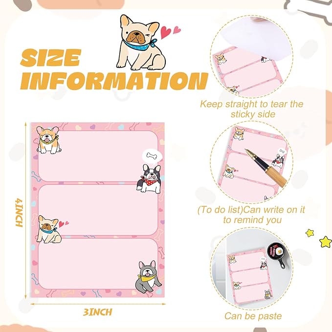 12 Pcs French Dog Sticky Notes Kawaii Notepads 3x4 Inch Adhesive Dog Gifts for Frenchie Lovers to Do List for Memo Reminder for Office Home Supplies Christmas Small Gift