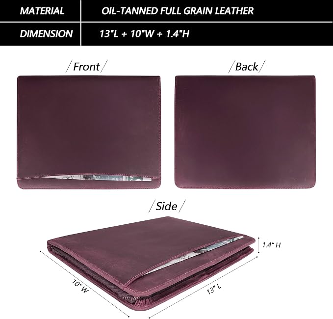 JinRuiKJ Leather Portfolio with Zipper, Professional Business Organizer for Men Women, Executive Resume Folder with A4 Notepad Holder, Card Slots, Pen Loop, 10x13'', Luxury Gift Set (Purple)
