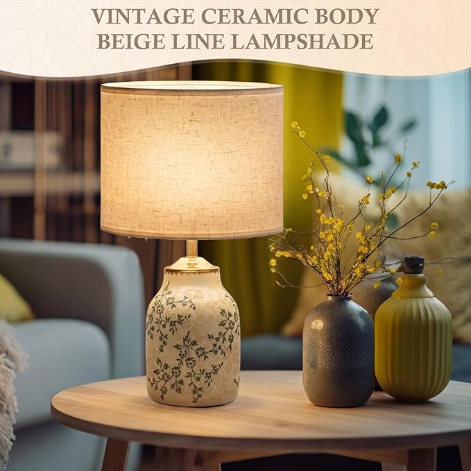 Tellingyou 2 Pcs 21" Vintage Green Ceramic Lamp with Beige Linen Shade Farmhouse Modern Table Lamp Ice Cracked Rose Floral for Bedroom Living Room Office Dorm Desk Table Rocker, Bulbs Not Included