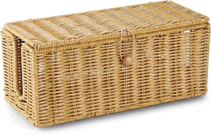 Cable Management Box, Handwoven Synthetic Rattan Cable Organizer, 2 Side Open Slots Cords Hider Box, Under Desk Cord Organizer for USB Wire, TV PC Charger & Power Strip, Natural
