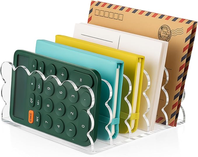 Clear Vertical File Organizer Acrylic File Holder Mails Letter Paper Envelope holder Stand Desk Organizer for Office Home School(5 Compartments,6.3 x 5.9 x 3 Inch)