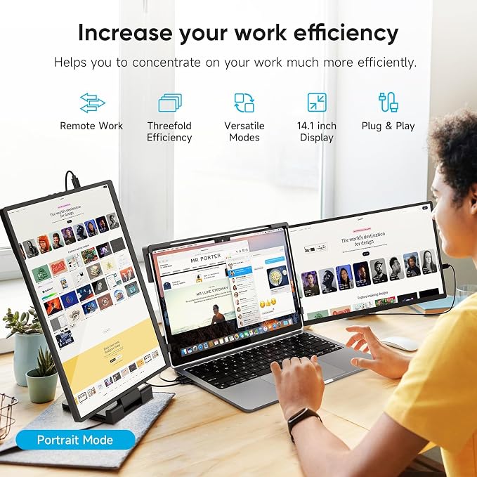 14" FHD 1200P IPS Laptop Screen Extender | Triple Portable Monitor, Plug & Play Dual Screen, Fits 14"-17.3" Laptops, Compatible with Win, Mac, Android&Chrome OS