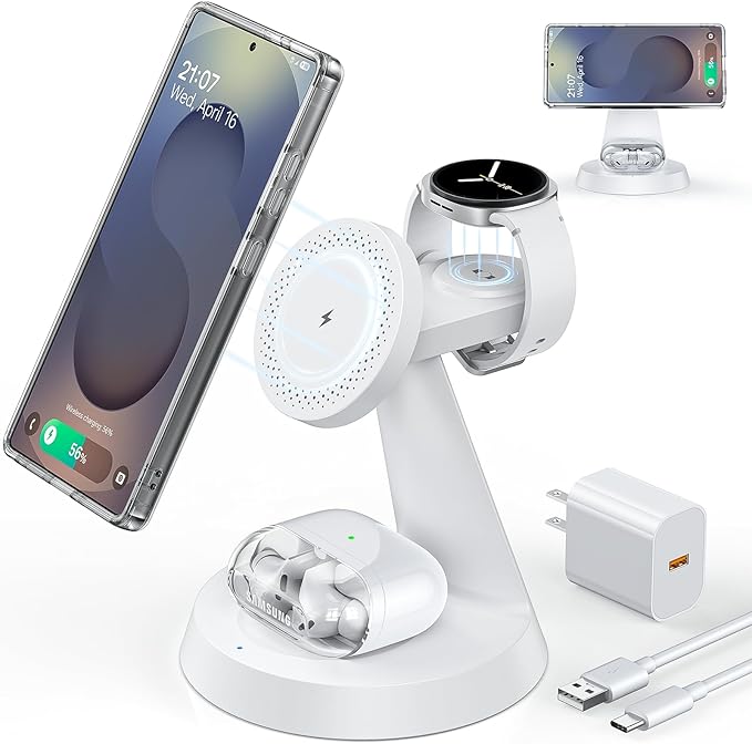 Magnetic Wireless Charger for Samsung, 3 in 1 Charging Station Compatible with MagSafe Charger for Samsung Galaxy S26 Ultra Z Fold7/Flip7, Watch Charger Stand for Galaxy Watch Ultra 8, for buds, White