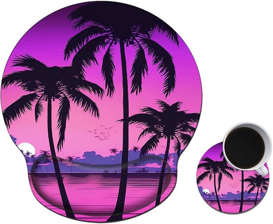 Mouse Pad with Wrist Support Gel, Ergonomic Mouse Pad with Comfortable Wrist Rest, Gaming Mousepad Non-Slip PU Base for Laptop Office Easy Typing & Pain Relief,Palm Trees Sunset Tropical