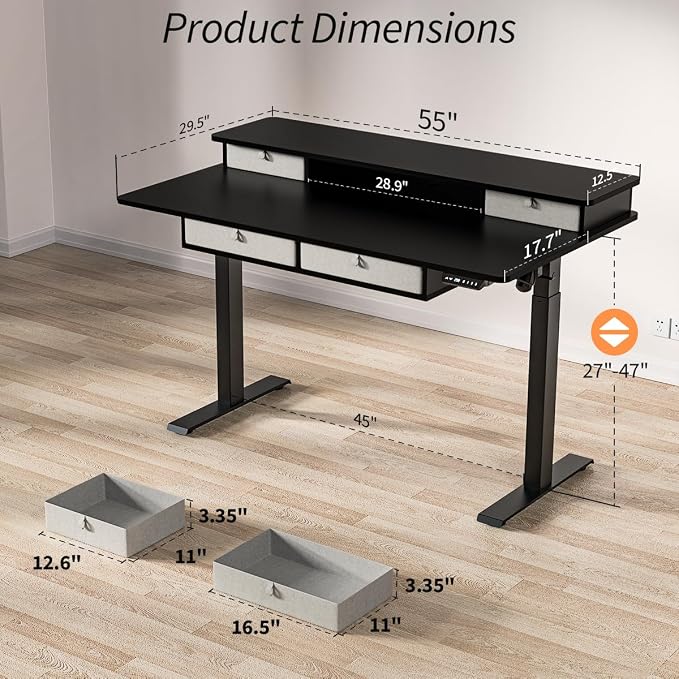 Kingant Electric Standing Desk with 4 Drawers,USB Charging Ports 55"x 30" | Ergonomic Height Adjustable Large Workstation, Heavy-Duty Sit Stand Up Desk For Home Office Daily Work,Black