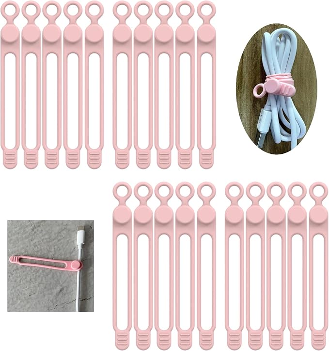 20Pcs UMUST Silicone Cable Ties, Cable Management Cord Organizer Pink | Reusable Cord Ties, Cable Strap Tie for Bundling Electronics Wire,Home Office Travel Essentials Accessories 4.2inch