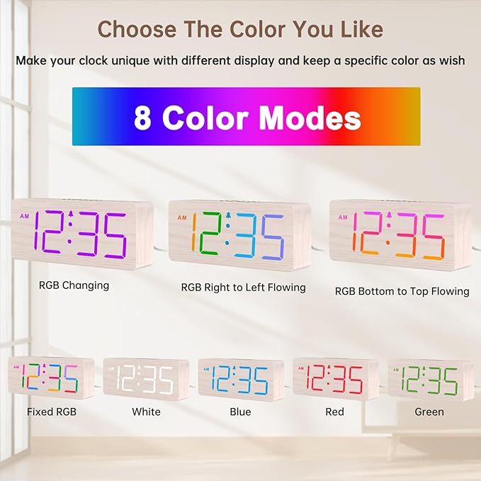 DreamSky Wooden Digital Alarm Clock for Bedroom, Living Room Desk | RGB Loud Alarm Clock for Heavy Sleepers with Volume Control, Large Numbers with Dimmer, Office Wood Decor (Plug in Clock)