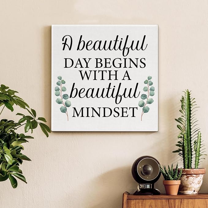 Motivational Eucalyptus Wall Art Decor, Inspirational Green Botanical Pictures Positive Quotes Canvas Painting Posters for Office Living Room Bedroom Decoration (8 X 8 Inches, Framed)