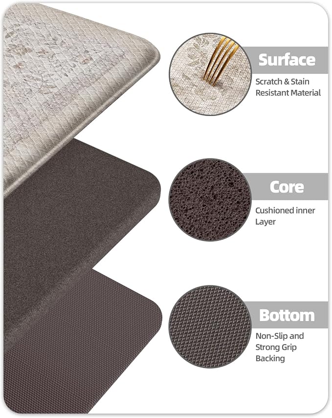 Color&Geometry Kitchen Mat 2PCs-24x59+24x87 Vintage Anti Fatigue, Khaki | 0.4in Cushion Standing Mat For Cooking/Working/Laundry, Boho Decor, Non Slip PVC Kitchen Rug, Oil/Water Proof, Anti Slip