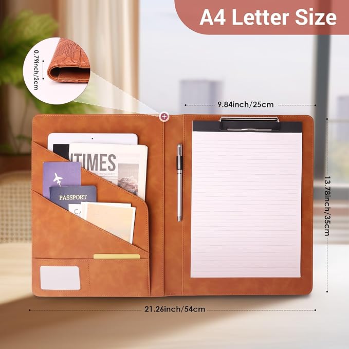 Professional Portfolio Binder, Faux Leather Padfolio for Resume, Note-Taking & Meetings, A4 Letter Writing Pad Holder (BrownF)