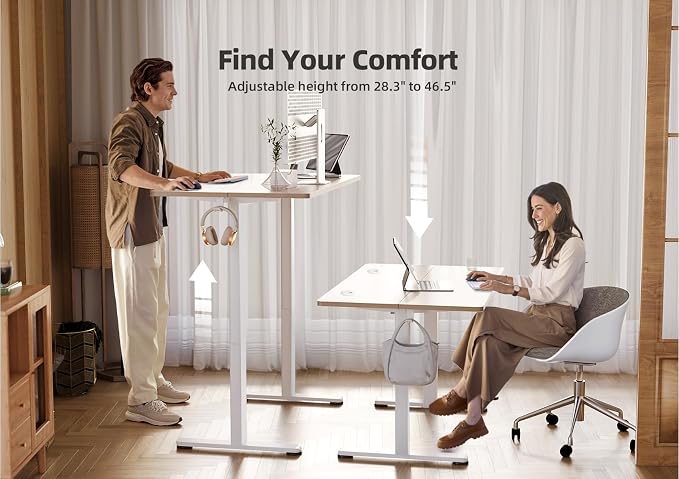 YDN Electric Standing Desk Adjustable Height, 35 x 20 Inches Stand up Desk with Cable Management, Home Office Desks with Splice Board & White Frame, Nature Top