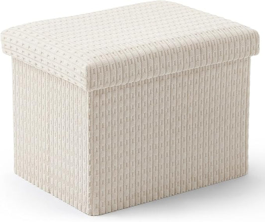Thyle Storage Ottoman Cube, Small Foldable Footrest Stool for Under Desk Use, Sturdy Corduroy Ottoman with Storage for Snacks, Toys, Living Room, Bedroom, Dorm or Home Office, 16x12x12 Inch(Beige)
