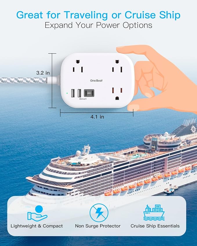 Cruise Essentials 2026,Travel Power Strip with USB C,Flat Plug Extension Cord 10 ft with 3 Outlets 4 USB Ports(2 USB C), Desk Wall Outlet Extender,Non Surge Protector for Cruise,Dorm Room,ETL-White