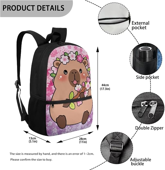 WELLFLYHOM Cute Capybara Elementary School Backpack for Girls, 4PCS Set Cherry Blossom Backpack with Lunch Box for Kids 6-11, 17 Inch Bookbag with Adjustable Strap for All Day School
