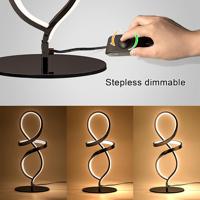 Mayful Modern Table Lamp with LED Unique Spiral Design, Small Nightstand Lamp with Stepless Dimming Switch, Black Bedside Lamps for Bedroom, Nightstand, Living Room, Office, Desk, 12W 3200K Warm White