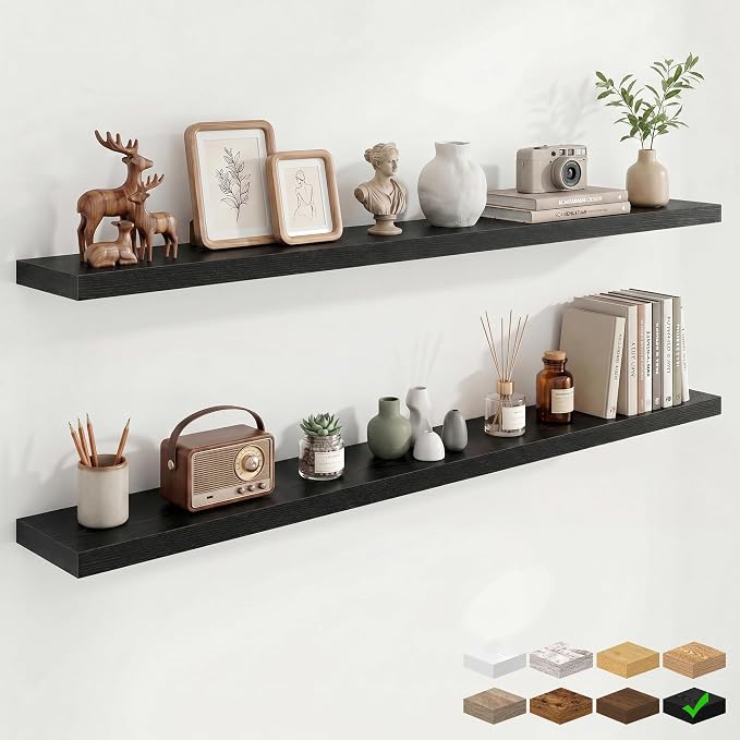 Marsmiles 55in Floating Shelves for Wall, 72" W x 9.25" D x 1.5" H, Long Wall Mounted Engineered Wood Shelves with Invisible Brackets for Living Room, Bedroom, Bathroom, Kitchen, Black, 2Pcs