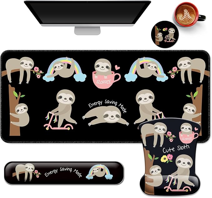 Desk Mat Set + Keyboard and Mouse Pad with Wrist Rest Support,4-in-1 Large Mousepad Computer Mats for Desktop Home & Office -Sloths