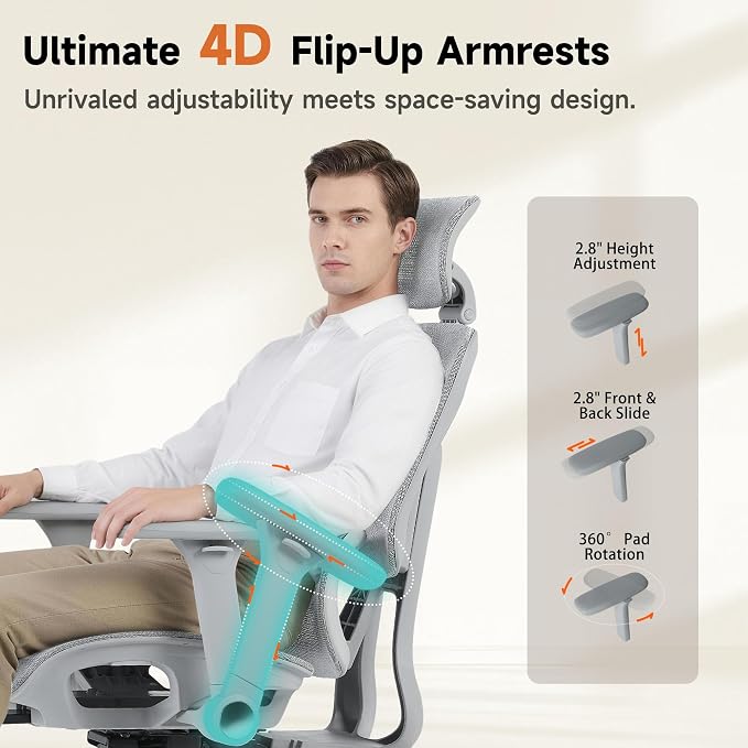 Korser Ergonomic Mesh Office Chair with Footrest, Big and Tall Desk Chair with 4D Flip-Up Arms, Auto-Tracking Lumbar Support, 3D Headrest, High Back Computer Gaming Chair for Home Office, White