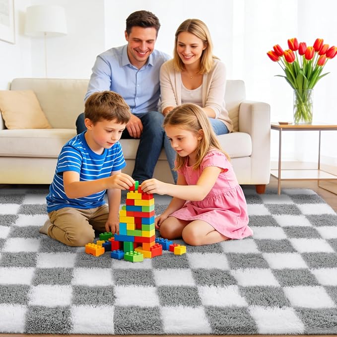 Area Rugs for Living Room Bedroom 9x12, Ultra Fluffy Shag Checkered Rug Modern Washable Carpet Soft Shaggy Non Slip Indoor Plush Fuzzy Rugs for Bedroom Dorm Office Home Aesthetic Decor, White & Grey