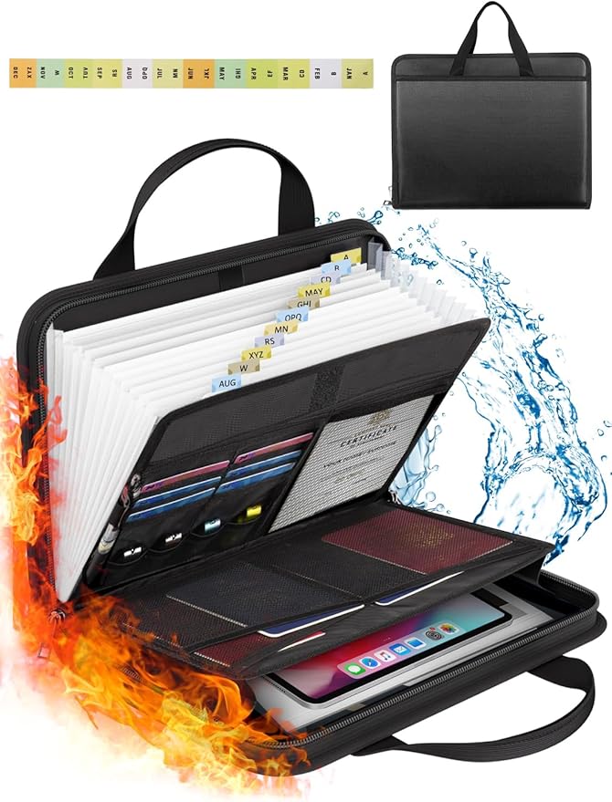 Important Document Organizer Folio Accordion File Organizer Fireproof Expanding File Folder Storage Box with Zipper Labels 13 Pockets for Business Office Receipt Travel