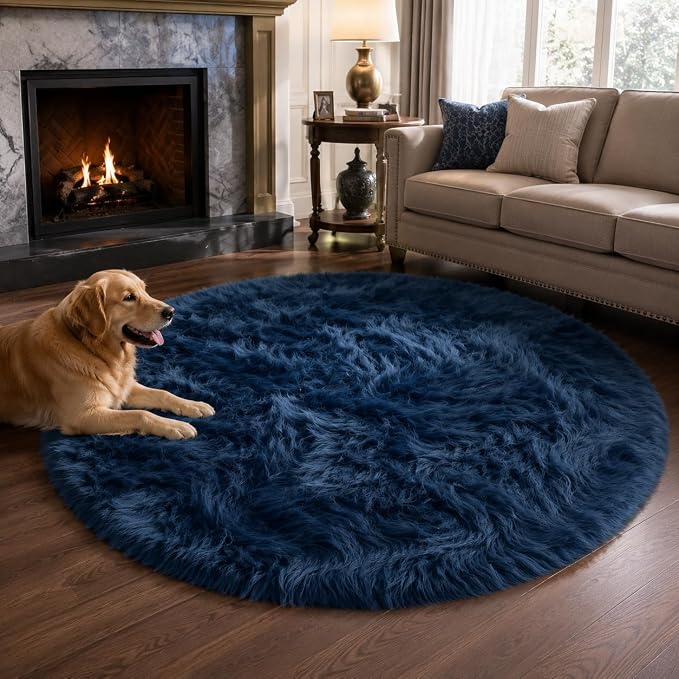 EasyJoy Faux Sheepskin Rug, Fluffy Faux Fur Rug, Ultra Soft Shag Area Rug with Non-Slip Backing for Bedroom, Living Room, Nursery, Kids Room(4 x 4 ft Round, Dark Blue)