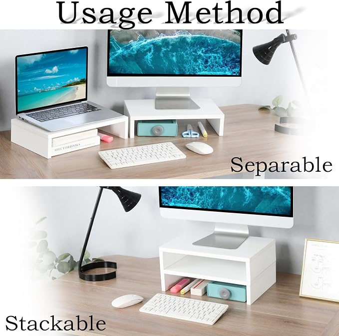 TEAMIX White Monitor Stand Riser, 2 Pack Wood | Dual Stand for 2 monitors. Holds 80 lbs, Stack or Separate Adjustable Use, Fits laptop, TV, PC. For Home Office, Gaming