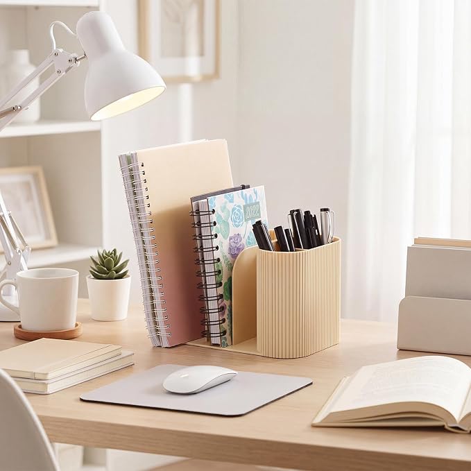Ribbed Desk Organizer with 6 Compartments, Modern Aesthetic Desk Accessories for Men & Women, Cream Pen Holder Book Organizer Desktop Storage Caddy for Home Office School Workspace Decor