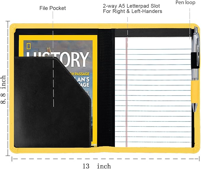 Classic Padfolio/Junior Portfolio Folder Case, Business A5 Binder Organizer Notepad for Men Women, 5 x 8 Writing Pad Included, Yellow