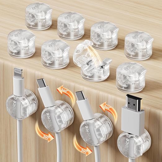12 Pack Locking Spring Cable Clips, Rotatable Cord Organizer with Secure Lock Design, Adhesive Cord Holder for Desk Home Office Car Wall Charger Cable Management, Clear
