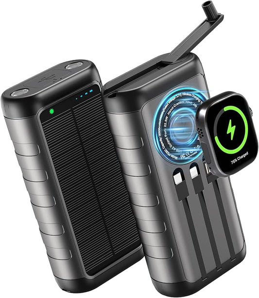 Solar Charger Power Bank 59800mAh, 15W Wireless Charging Compatible with iPhone Samsung Apple Watch, Outdoor Battery Pack, 3 Built in Cables & Hand Crank, Dual LED Flashlight for Camping Hiking Travel